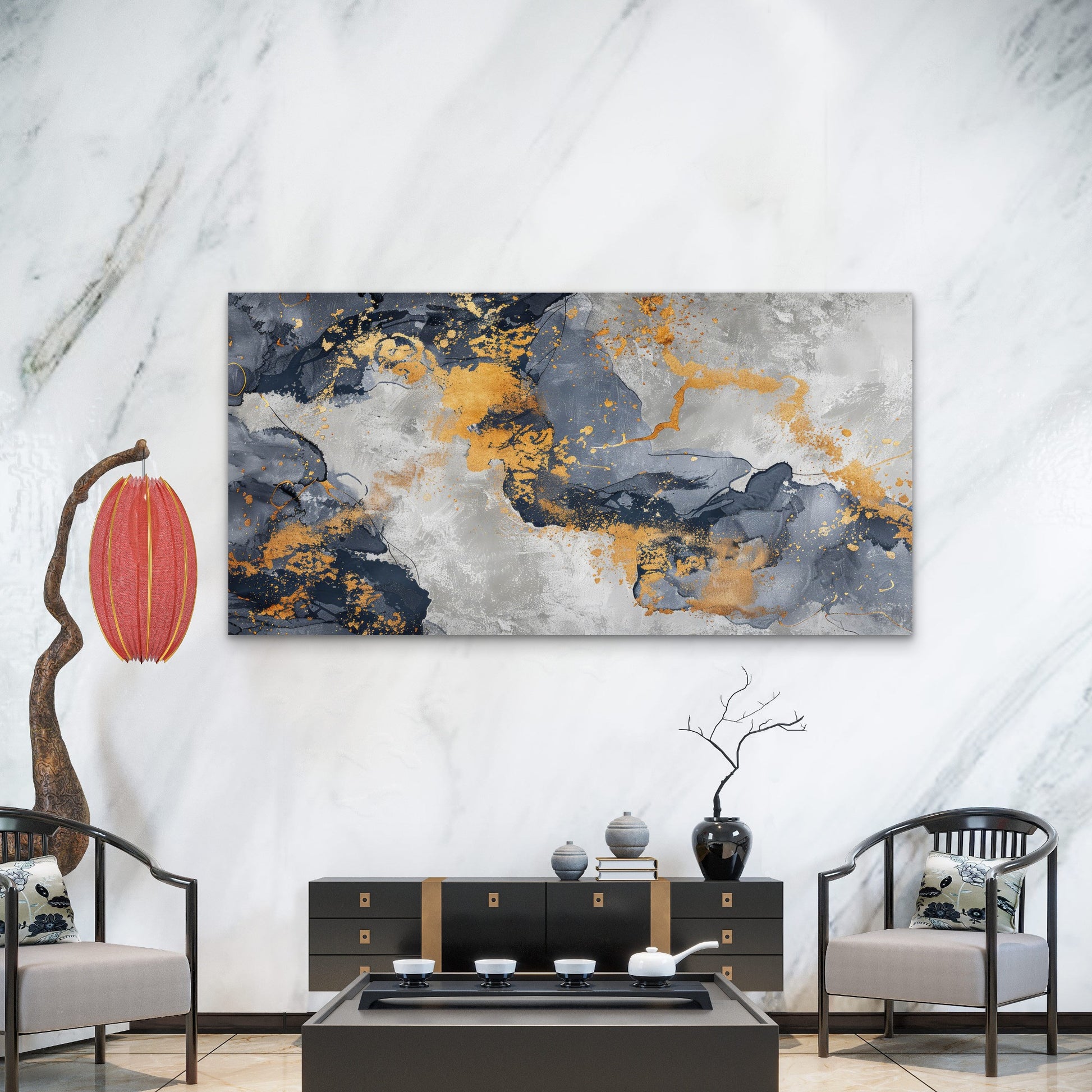 Midnight Gold Marble Flow Wall Art Canvas Office Home Room Framed 120x60cm - Bella Home Decor