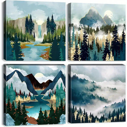 4pcs Mountain Forest Scenery Picture Wall Art Canvas Framed