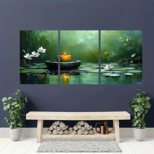 3pcs Serene Green For Lotus And Candle Design Metal Print Ready to Hang Art
