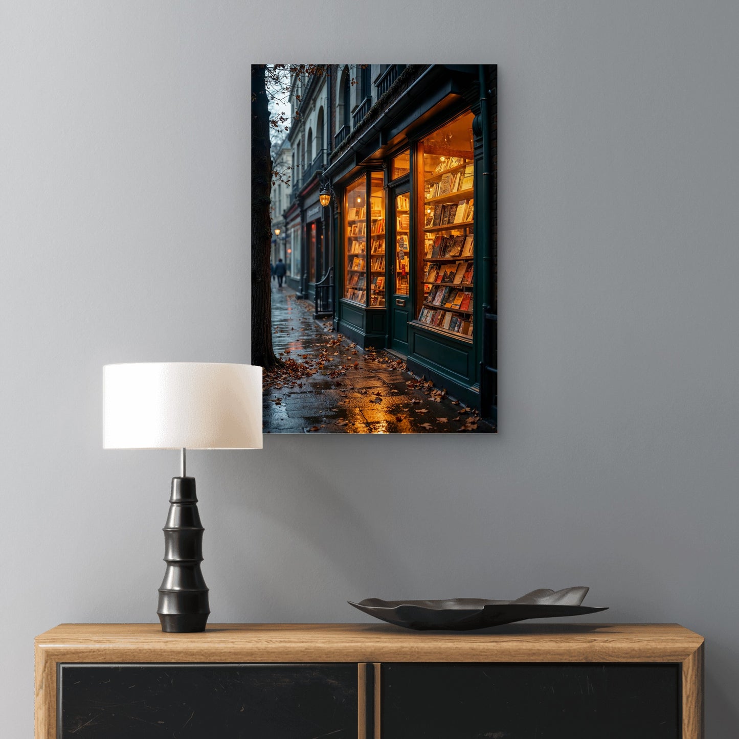 Cozy Bookstore Rainy Street Autumn Leaf 40x60cm Metal Print Ready to Hang