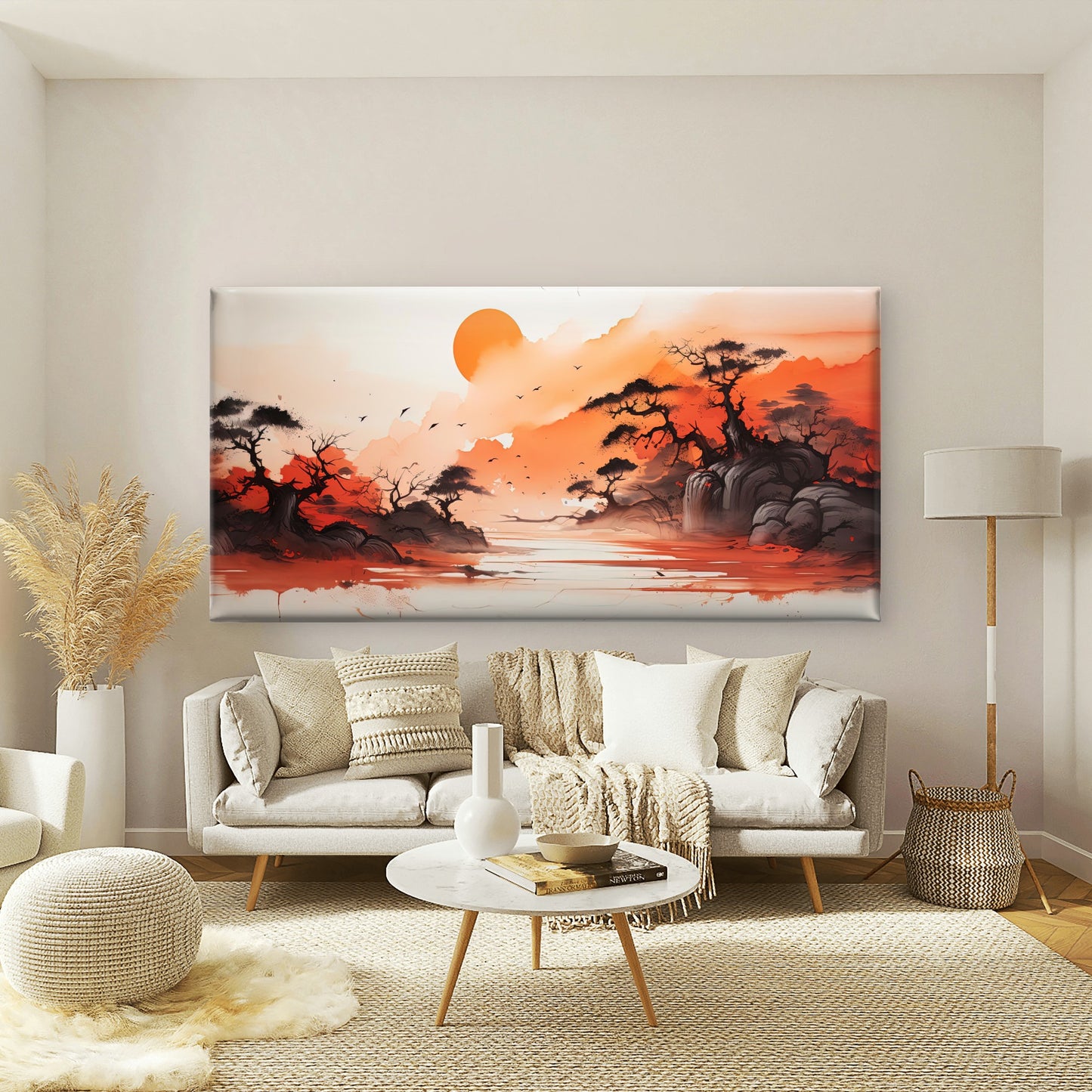 Vibrant Orange Sunset Over Wall Art Canvas Office Home Room Framed 120x60cm