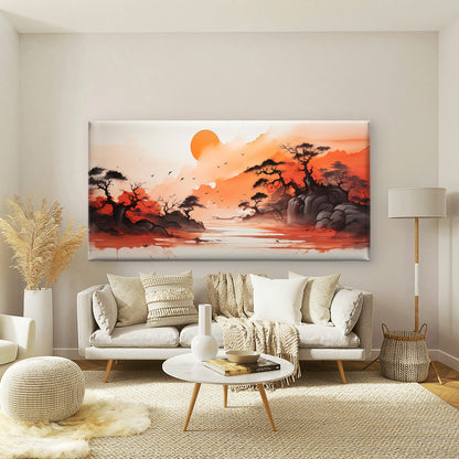 Vibrant Orange Sunset Over Wall Art Canvas Office Home Room Framed 120x60cm