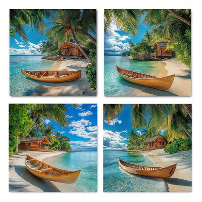 4pcs Tropical Beach Scene with Boat j h     Wall Art Canvas Framed