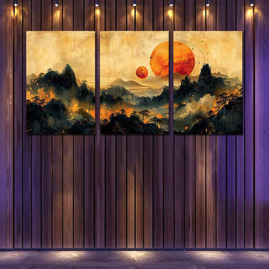 3pcs Sunset Landscape with Moon and Mountains Wall Art Set Canvas Framed 40x60cm - High Quality Print 100% Australian Made Wall Canvas Ready to Hang