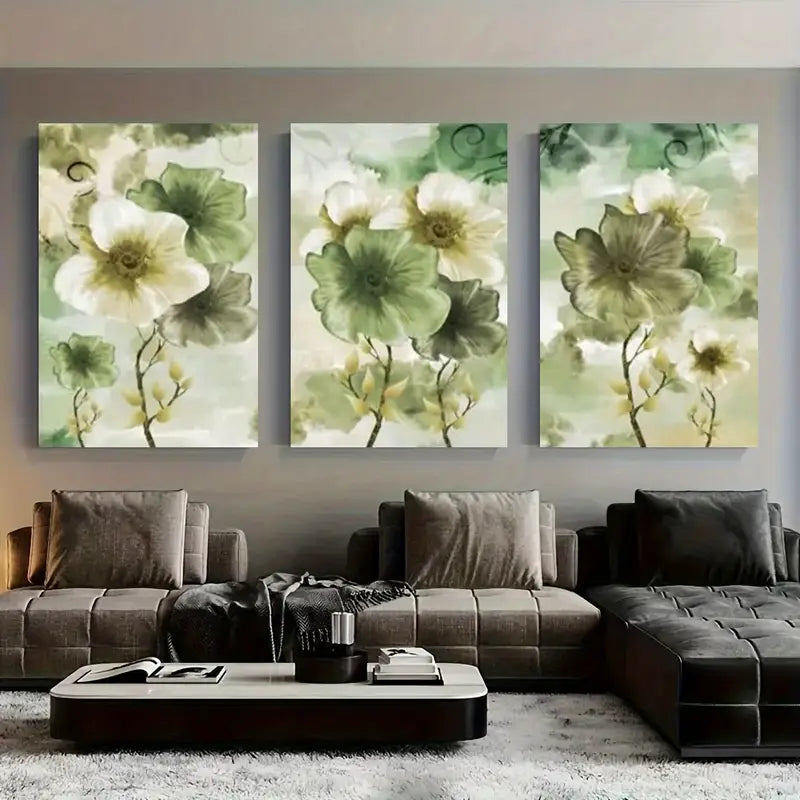 3pcs Green & White Floral Canvas Metal Print Ready to Hang Art