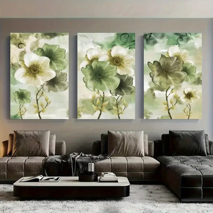 3pcs Green & White Floral Canvas Metal Print Ready to Hang Art