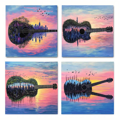4pcs Reflections with Birds, Vibrant Sunset   Wall Art Canvas Framed