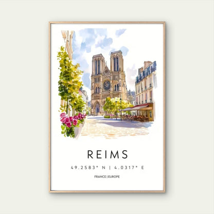 REIMS French Gothic Architecture Painting Travel Poster Print Wall Art