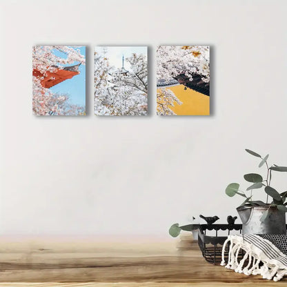 3pcs Japanese Cherry Blossom Canvas Metal Print Ready to Hang Art