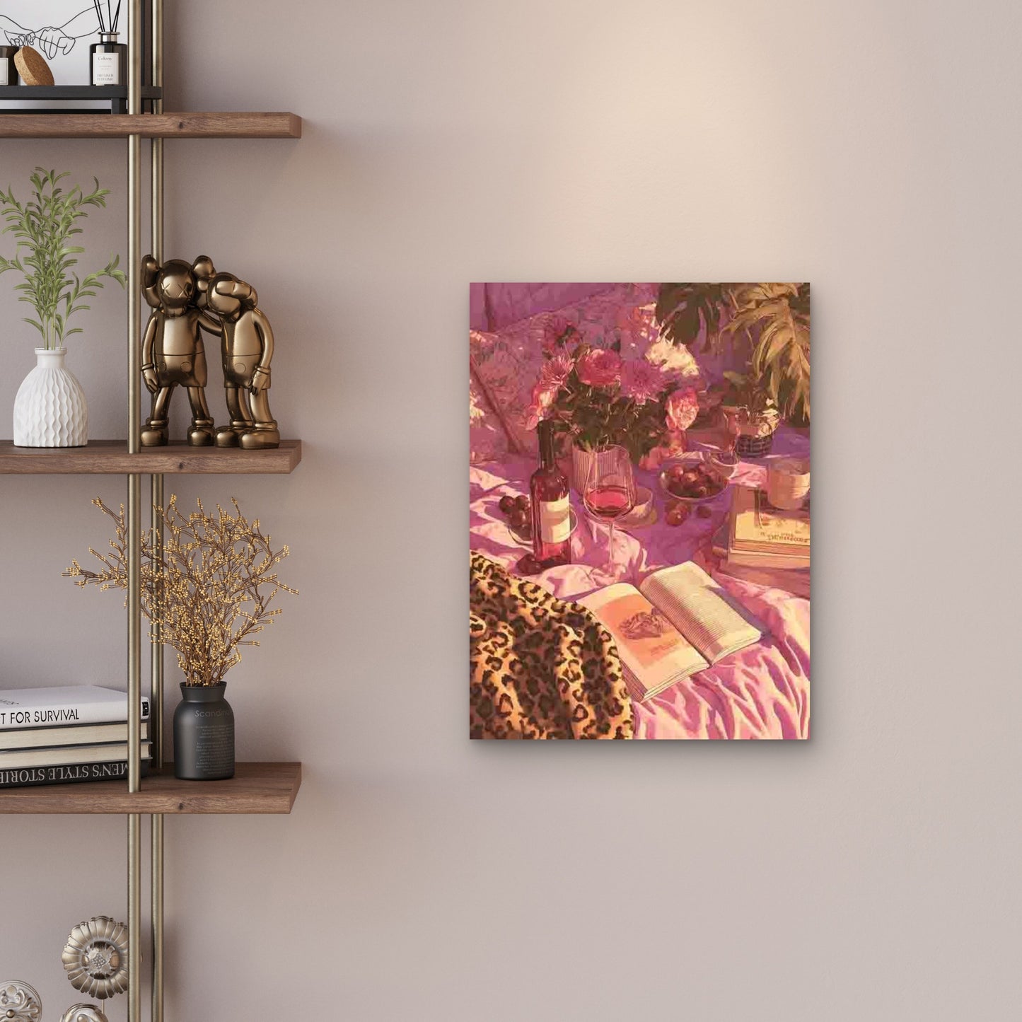Pink Leopard Bedroom Wine in Bed 60x90cm Metal Print Ready to Hang