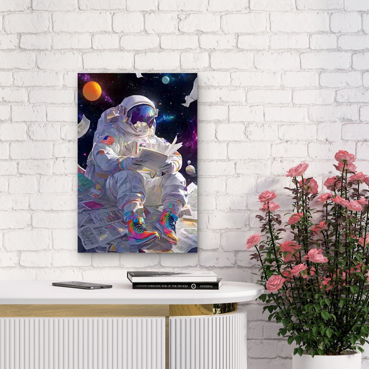 Astronaut Reading in Space 60x90cm Metal Print Ready to Hang - Bella Home Decor