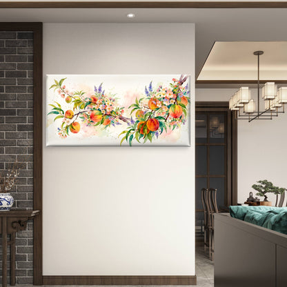 Watercolor Peach Branch Blossoms Fruits Pastel Orange Green Wall Art Canvas Office Home Room Framed 120x60cm