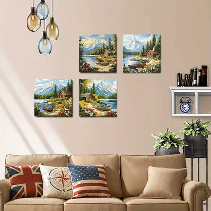 4pcs Featuring A Vintage Forest Cabin Wall Art Canvas Framed