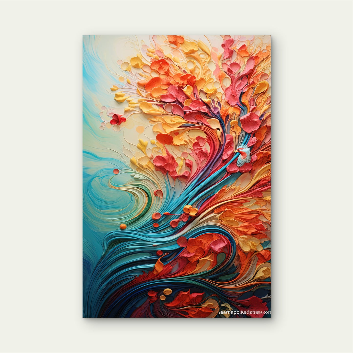 Colorful Orange Teal Swirls Petals Textured 40x60cm Metal Print Ready to Hang