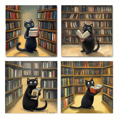 4pcs black cat looking for the book Wall Art Canvas Framed