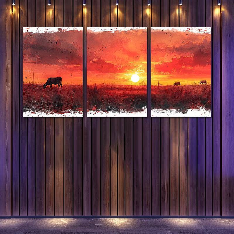 3pcs Charming Sunset Cows & Sheep Wall Art Set Canvas Framed 60x90cm - High Quality Print 100% Australian Made Wall Canvas Ready to Hang - Bella Home Decor