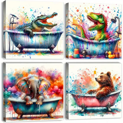 4pcs Elephant Dinosaur In Bathtub Pictures Wall Art Wall Art Canvas Framed
