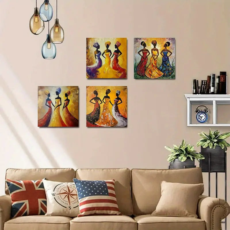 4pcs Black African Woma Art Deco  Wall Art Canvas Framed