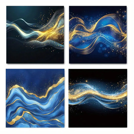 4pcs Navy Blue & Golden, Colorful Sea Wave Design Wall Art Canvas Framed