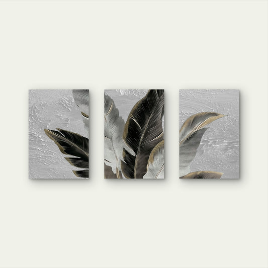 3pcs Modern Nordic Black and Gold Feathers Wall Art Set Canvas Framed 50x70cm - High Quality Print 100% Australian Made Wall Canvas Ready to Hang