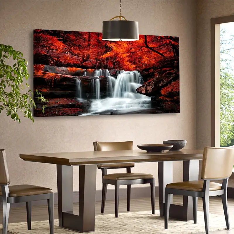 Waterfall Autumn Forest Red Forest Wall Art canvas office home room framed 120x60cm - Bella Home Decor