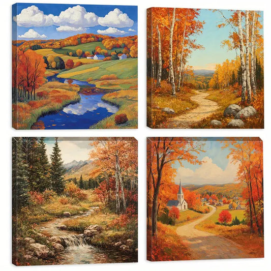 4pcs Autumn Scenery Farmhouse Style Wall Art Canvas Framed
