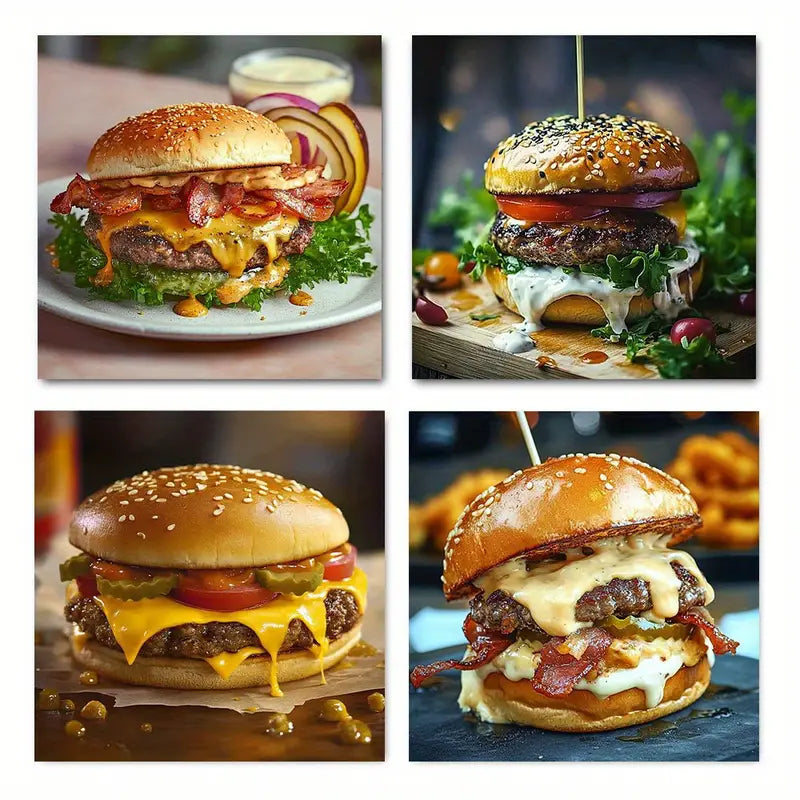 4pcs  Burger Fine Foo Poster Wall Art Canvas Framed