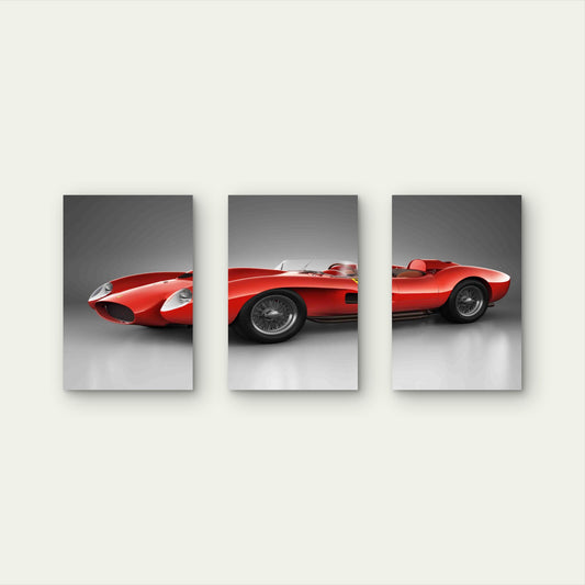 3pcs Classic Red Retro Roadster Racing Car Metal Print Ready to Hang Art