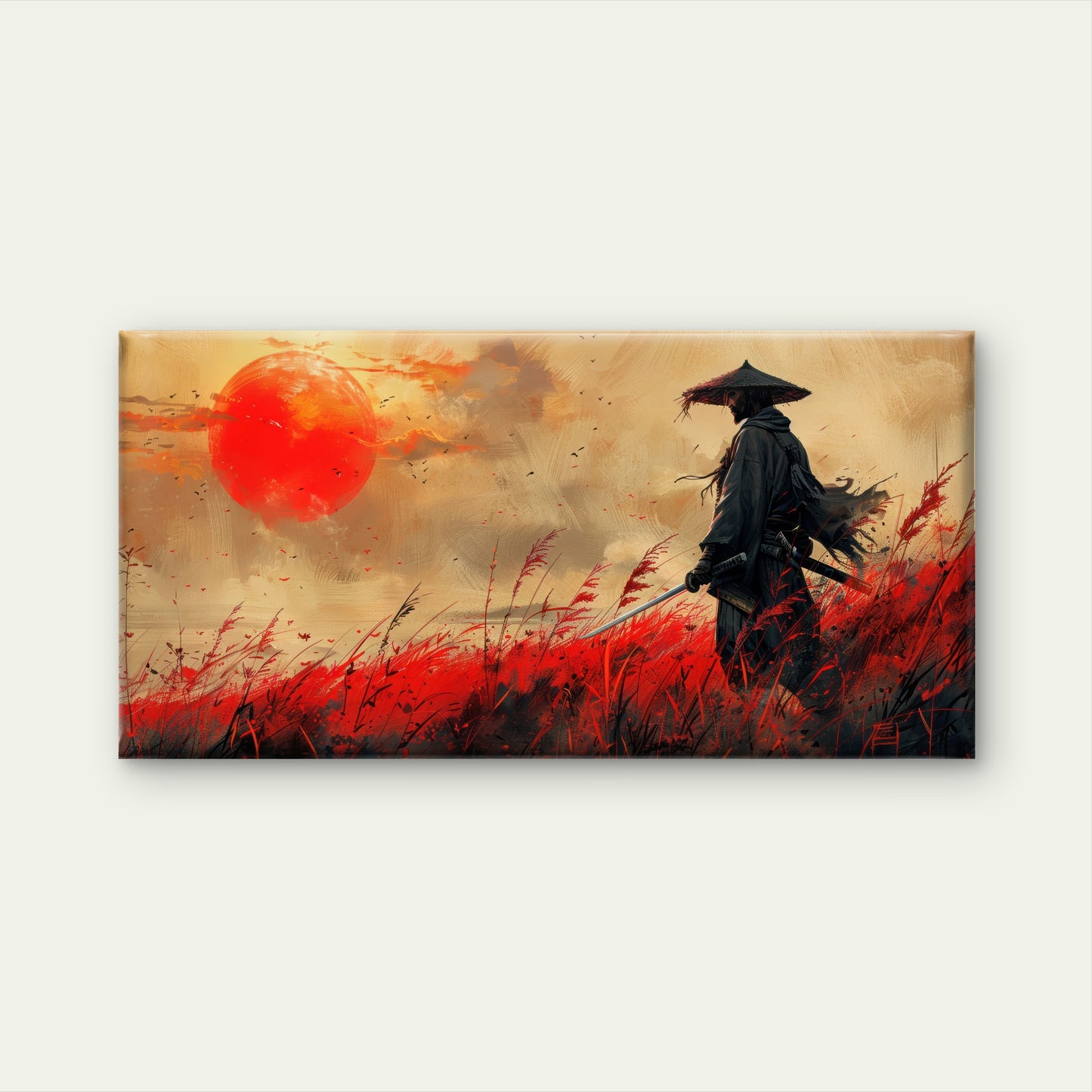 Silent Samurai Red Moon Wall Art Canvas Office Home Room Framed 120x60cm