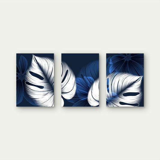 3pcs Monstera Palm Leaf Blue White Botanical Wall Art Set Canvas Framed 50x70cm - High Quality Print 100% Australian Made Wall Canvas Ready to Hang