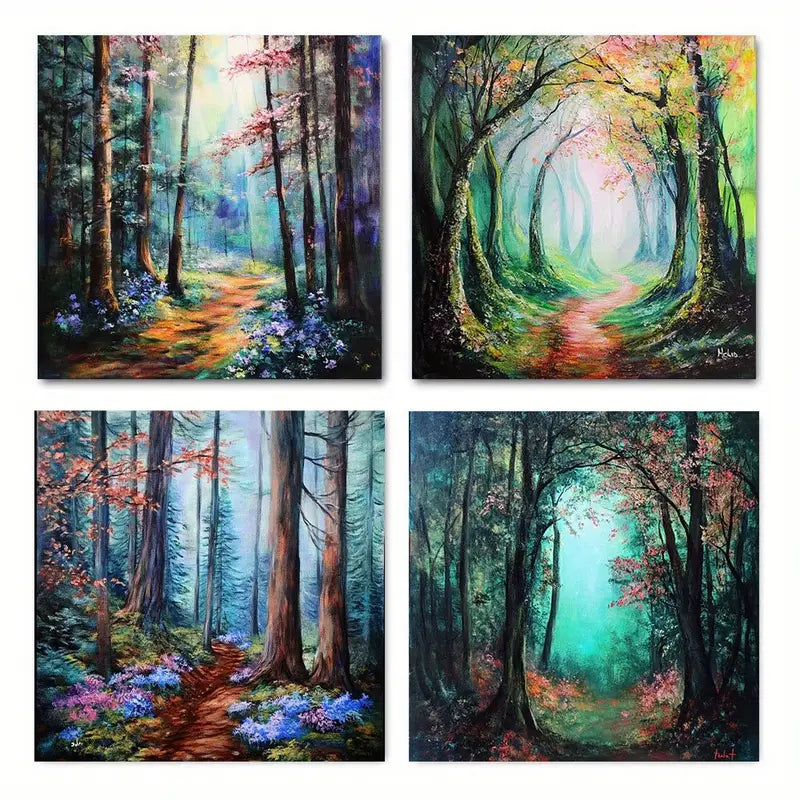4pcs Featuring Mystical Woodland ScenesWall Art Canvas Framed