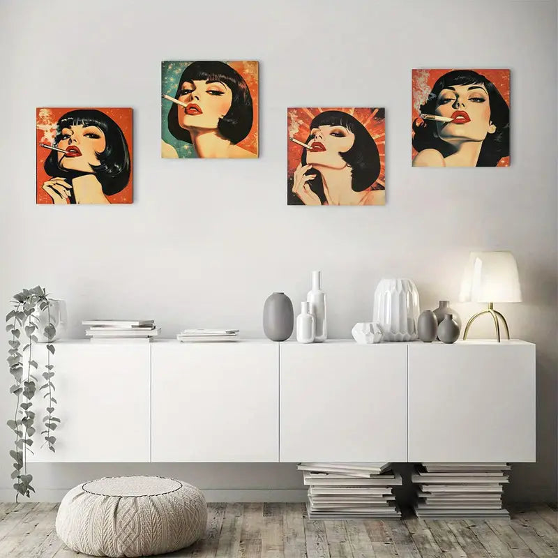 4pcs Retro Smoking Woman In Space Cosmic Tripp Wall Art Canvas Framed - Bella Home Decor