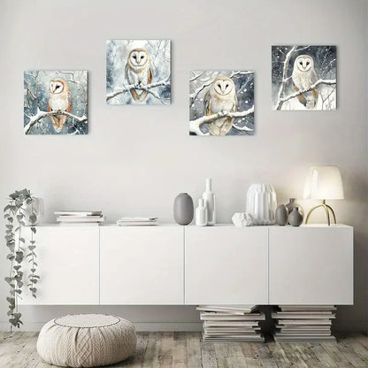 4pcs Barn Owl Snow  Wall Art Canvas Framed