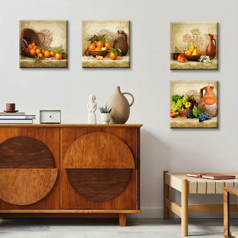4pcs Vintage Theme Fruit Pictures Farmhouse Wall Art Canvas Framed - Bella Home Decor