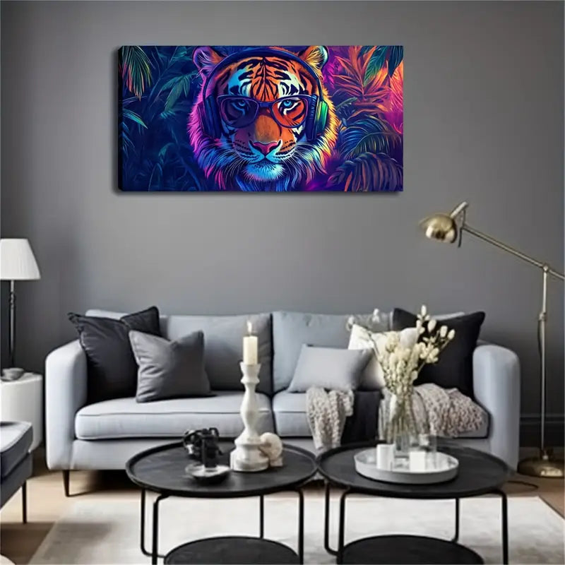 Tiger Wearing Headphones Glasses Wall Art Canvas Office Home Room Framed 120x60cm - Bella Home Decor