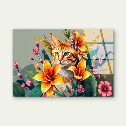 Tabby Cat Yellow Lily Flower Acrylic Glass Printing Wall Art Australian Made Quality