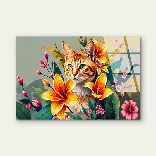 Tabby Cat Yellow Lily Flower Acrylic Glass Printing Wall Art Australian Made Quality