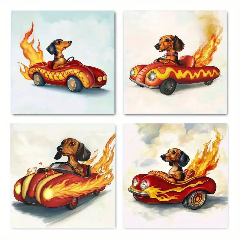4pcs Classic Car Design, Whimsical Dog Wall Art Canvas Framed