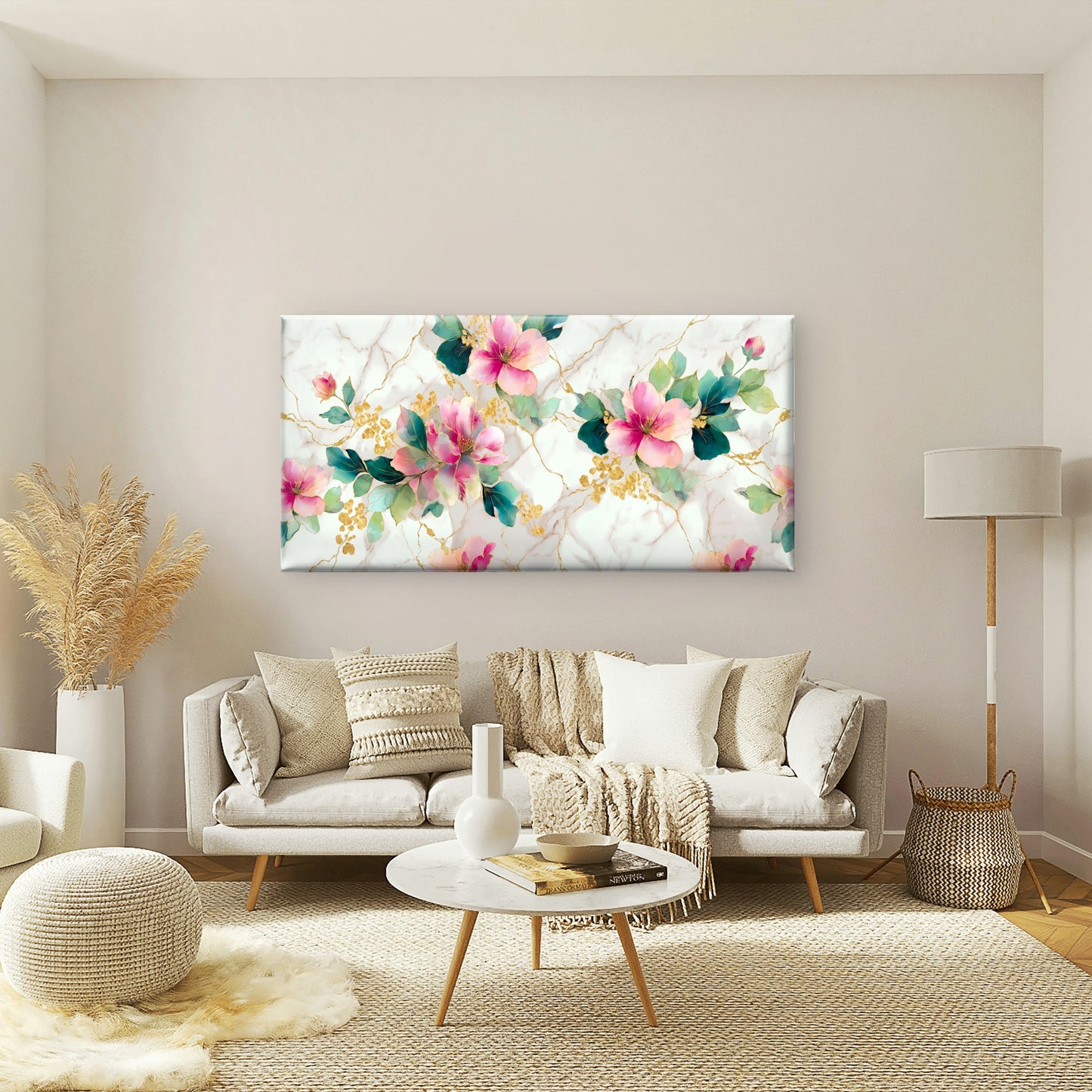 Pink Floral Gold Veins Marble Pattern Wall Art Canvas Office Home Room Framed 120x60cm