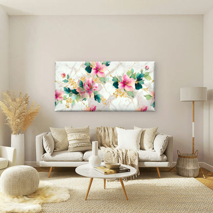 Pink Floral Gold Veins Marble Pattern Wall Art Canvas Office Home Room Framed 120x60cm