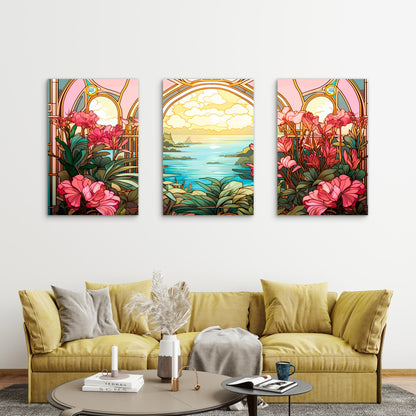 3pcs Art Nouveau Stained Glass Coastal Ocean Arche Metal Print Ready to Hang Art