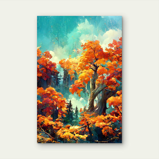 Autumn Forest Sunny Morning Illustration 40x60cm Metal Print Ready to Hang