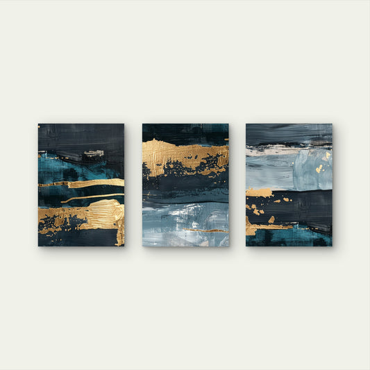 3pcs Navy Teal Gold Foil Metallic Luxe Shimmer Wall Art Set Canvas Framed 60x90cm - High Quality Print 100% Australian Made Wall Canvas Ready to Hang