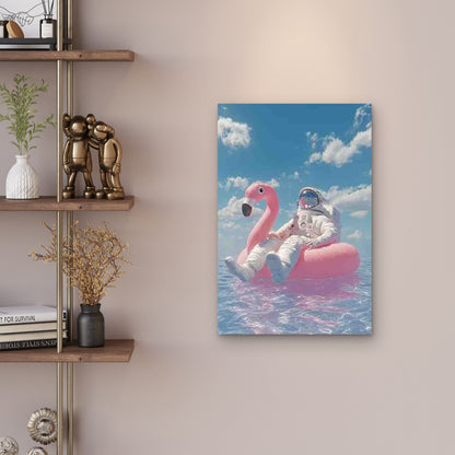 Astronaut & Flamingo Floating in Space 60x90cm Metal Print Ready to Hang