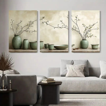 3pcs Green Ceramic Vas Metal Print Ready to Hang Art