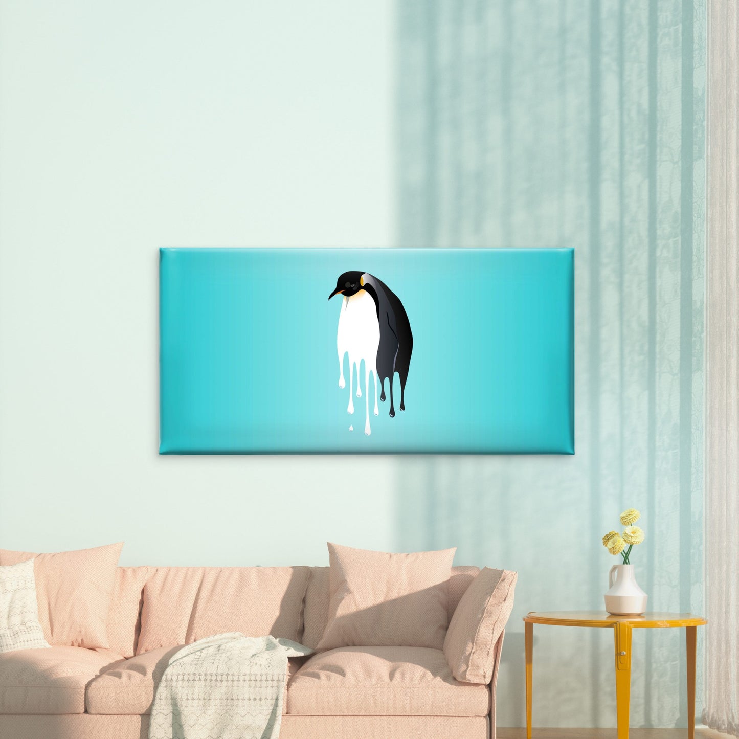 Surreal Melting Penguin Blue Wall Art Canvas Office Home Room Framed 120x60cm