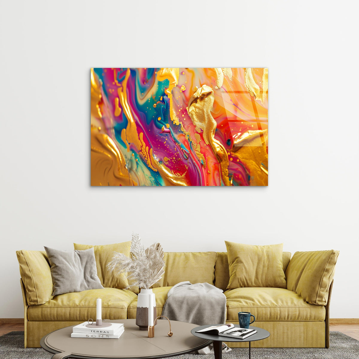 Abstract Gold Teal Magenta Orange Swirl Acrylic Glass Printing Wall Art Australian Made Quality