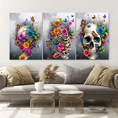 3pcs Skull Art  Vibrant Floral & Butterfly Designs Metal Print Ready to Hang Art