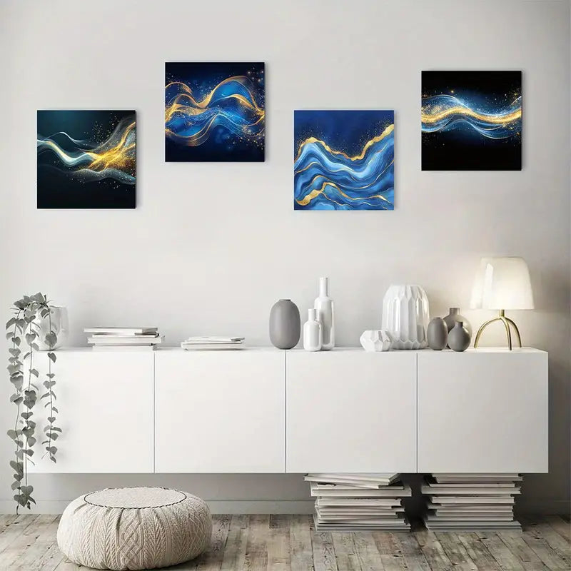 4pcs Navy Blue & Golden, Colorful Sea Wave Design Wall Art Canvas Framed