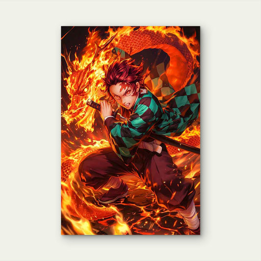 Fiery Flame Dragon Chequered Swordsman 40x60cm Metal Print Ready to Hang